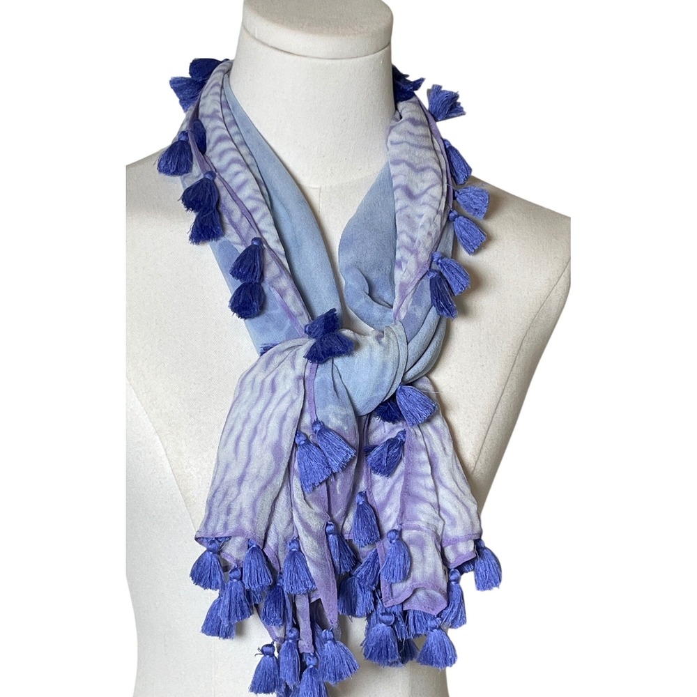 Boho Shibori Tie Dye Tassel Scarf Blue Lavender Lightweight‎ Wrap OS - Picture 6 of 9